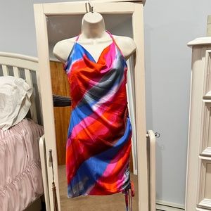 SHEIN SXY Brush Stroke Print Tie Back Drawstring Satin Halter Dress